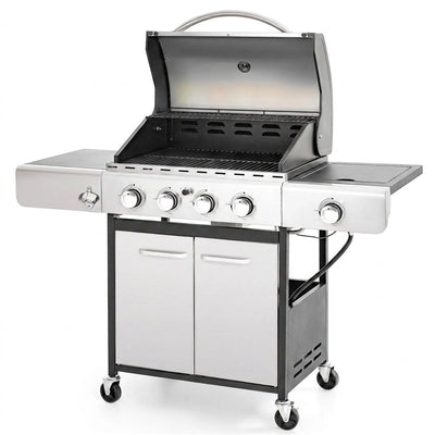 Propane Gas Grill Built for Outdoor Cooking, 4 Burners, 42000 BTU, Stainless Steel, Side Burner