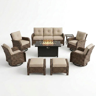 Outdoor Patio Furniture Set Built for All-Season Entertaining, Fire Pit Table, Swivel Chairs, 6-Inch Cushions