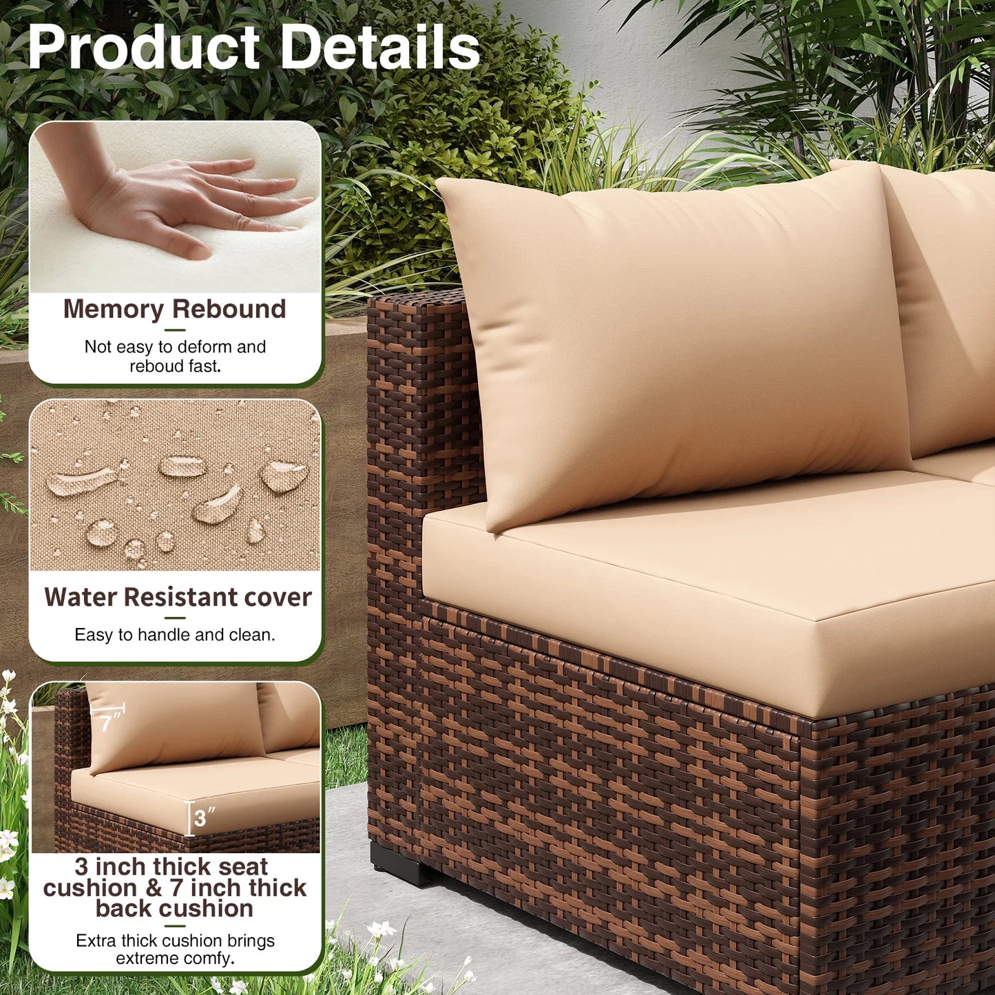 Patio Furniture Set, Outdoor Patio Furniture Wicker Furniture Couch Set, 7-Pieces Outdoor Sectional Sofa, Patio Furniture Set, Outdoor Patio Set for Home Furniture (Khaki)