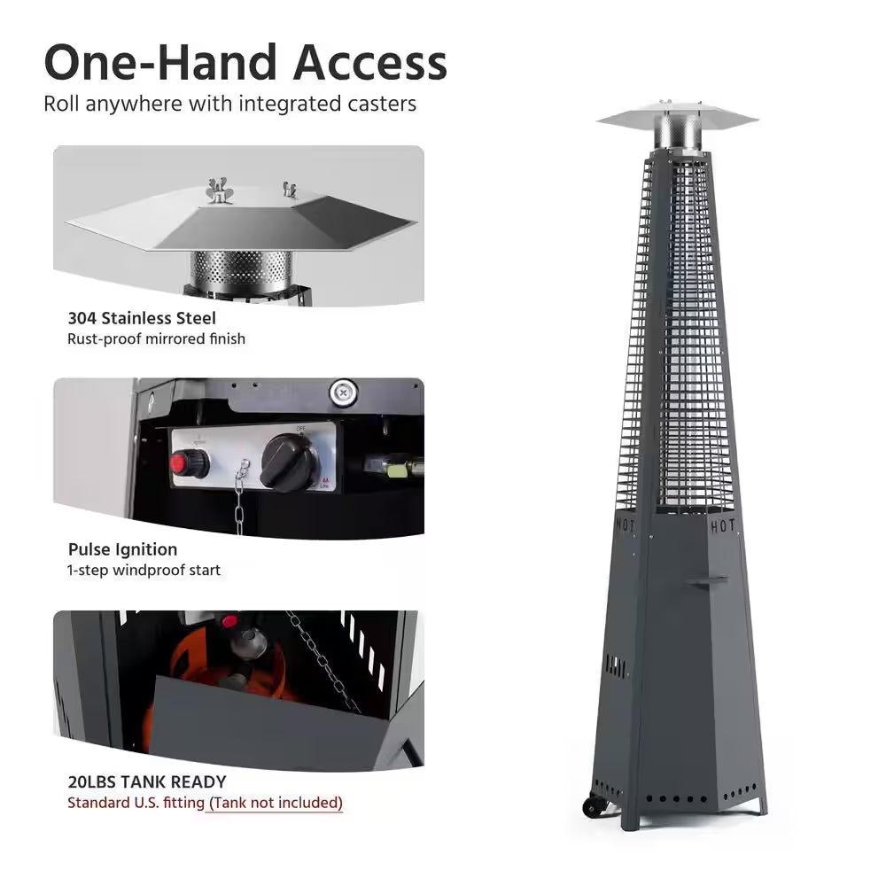 48,000 BTU Stainless Steel Pyramid Propane Patio Heater with Wheels and Cover