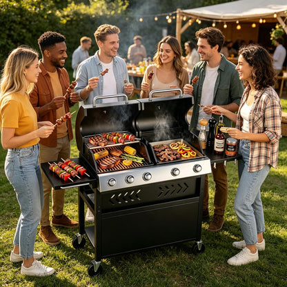 Grills 5 Burner Propane Gas Grill & Griddle Combo 40,000 BTU Stainless Steel Outdoor Patio Barbecue Grill Propane Gas with Removable Cart Portable Griddle for Outdoor Cooking, BBQ, Camping, Backyard