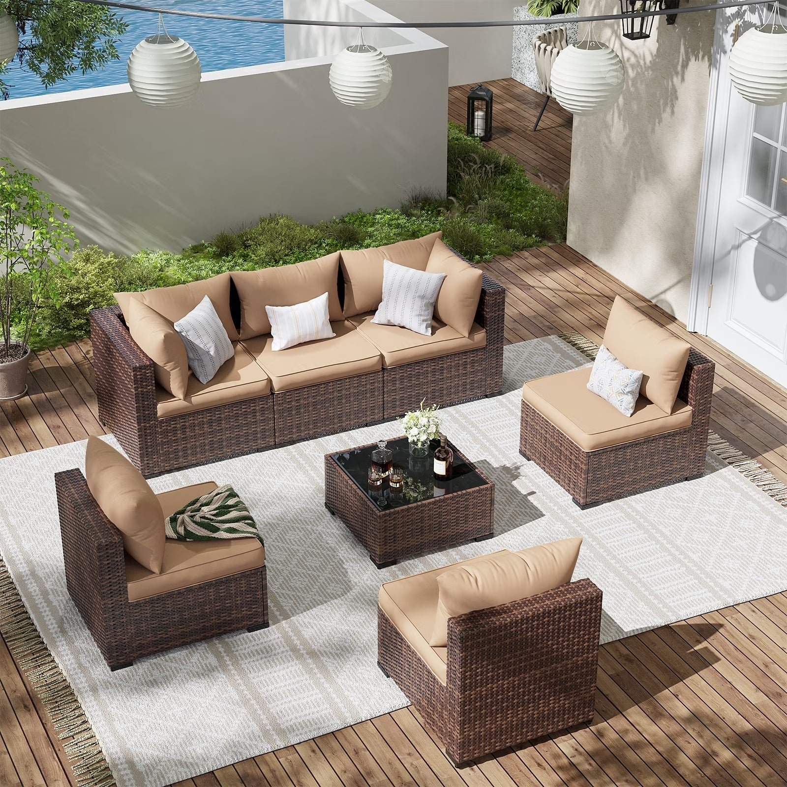 Patio Furniture Set, Outdoor Patio Furniture Wicker Furniture Couch Set, 7-Pieces Outdoor Sectional Sofa, Patio Furniture Set, Outdoor Patio Set for Home Furniture (Khaki)