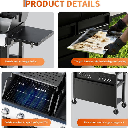 Grills 5 Burner Propane Gas Grill & Griddle Combo 40,000 BTU Stainless Steel Outdoor Patio Barbecue Grill Propane Gas with Removable Cart Portable Griddle for Outdoor Cooking, BBQ, Camping, Backyard