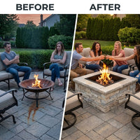 28 In. X 14 In. Steel Wood Random Stone Gray Square Fire Pit — Before & After