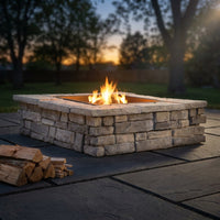 28 In. X 14 In. Steel Wood Random Stone Gray Square Fire Pit — Studio Shot