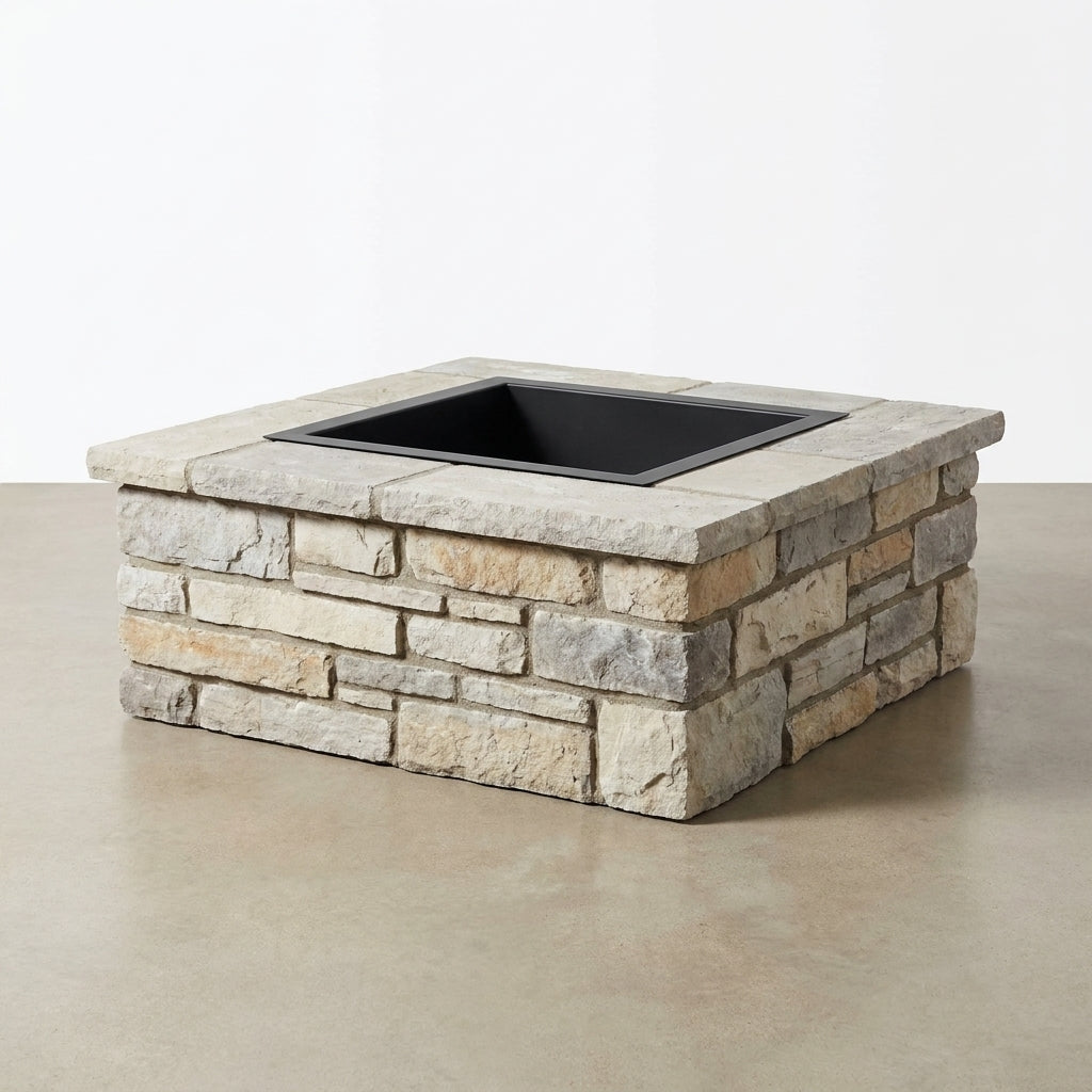 28 In. X 14 In. Steel Wood Random Stone Gray Square Fire Pit — Studio Shot
