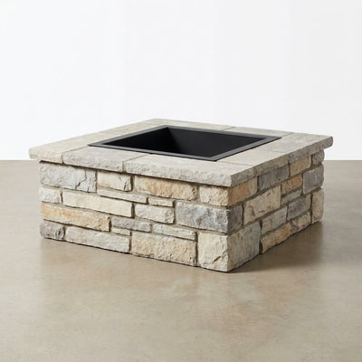 Square Fire Pit Built for Year-Round Gathering, Natural Stone Design, Steel Ring Insert, 28x14 Inch