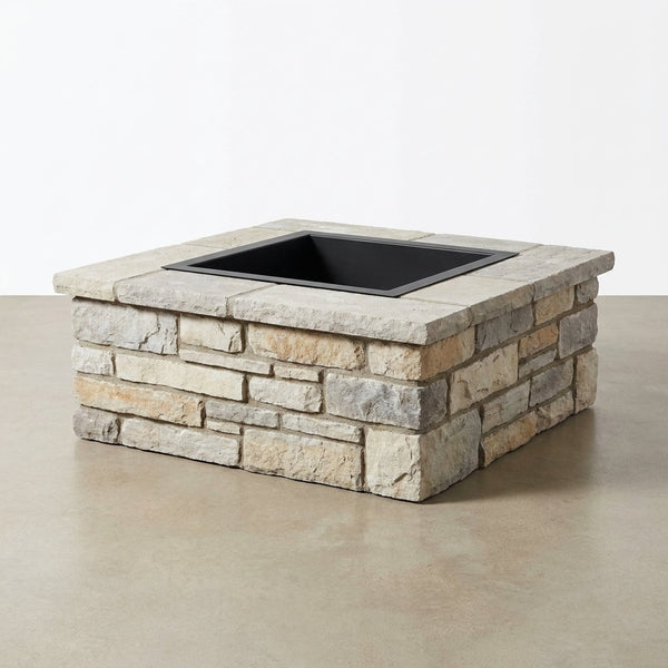 28 In. X 14 In. Steel Wood Random Stone Gray Square Fire Pit — Studio Shot