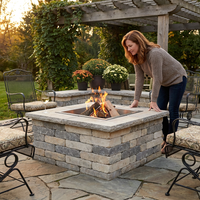 28 In. X 14 In. Steel Wood Random Stone Gray Square Fire Pit — Lifestyle