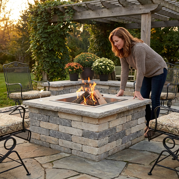 Square Fire Pit Built for Year-Round Gathering, Natural Stone Design, Steel Ring Insert, 28x14 Inch