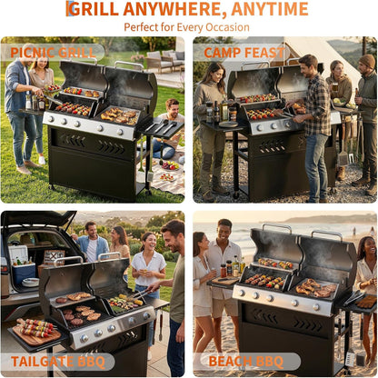 Grills 5 Burner Propane Gas Grill & Griddle Combo 40,000 BTU Stainless Steel Outdoor Patio Barbecue Grill Propane Gas with Removable Cart Portable Griddle for Outdoor Cooking, BBQ, Camping, Backyard