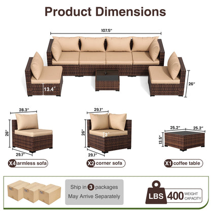 Patio Furniture Set, Outdoor Patio Furniture Wicker Furniture Couch Set, 7-Pieces Outdoor Sectional Sofa, Patio Furniture Set, Outdoor Patio Set for Home Furniture (Khaki)