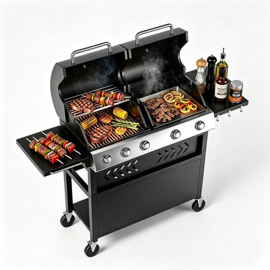 Grills 5 Burner Propane Gas Grill & Griddle Combo 40,000 BTU Stainless Steel Outdoor Patio Barbecue Grill Propane Gas with Removable Cart Portable Griddle for Outdoor Cooking, BBQ, Camping, Backyard