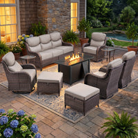 9-Piece Outdoor Patio Furniture Set with Fire Pit Table,Swivel Chairs and 6" Thick Cushions,Sectional Sofa and Ottomans,Patio Conversation Set for Porch Deck Garden Backyard