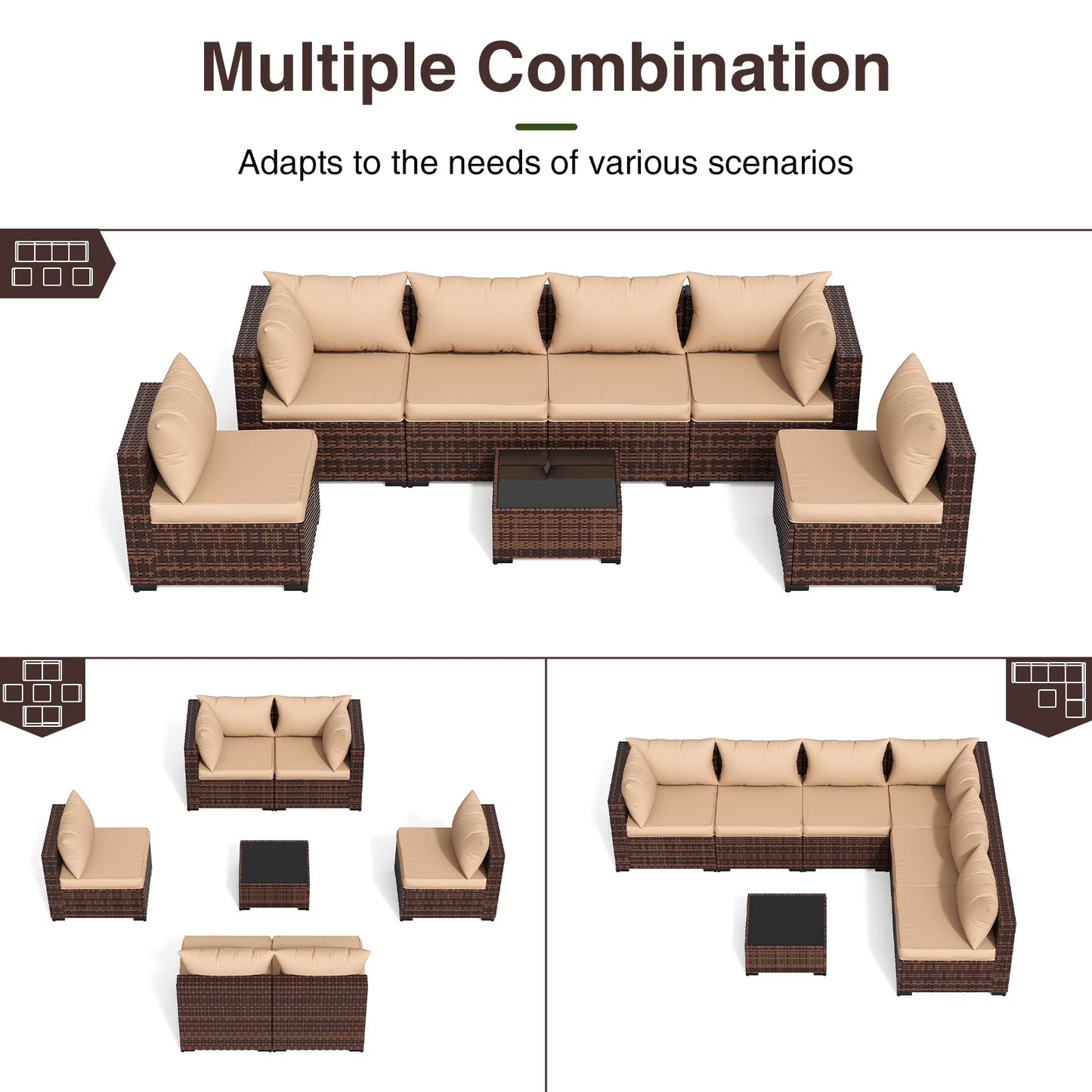 Patio Furniture Set, Outdoor Patio Furniture Wicker Furniture Couch Set, 7-Pieces Outdoor Sectional Sofa, Patio Furniture Set, Outdoor Patio Set for Home Furniture (Khaki)
