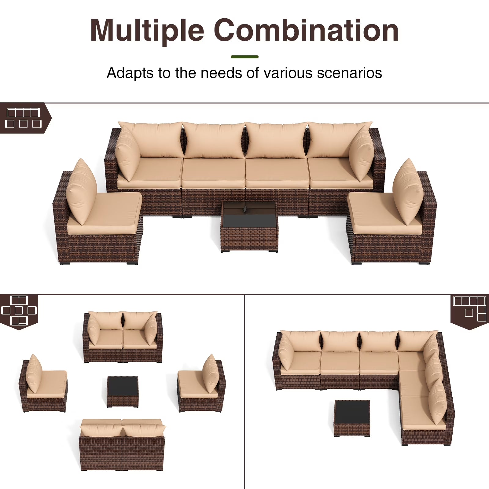 Patio Furniture Set, Outdoor Patio Furniture Wicker Furniture Couch Set, 7-Pieces Outdoor Sectional Sofa, Patio Furniture Set, Outdoor Patio Set for Home Furniture (Khaki)