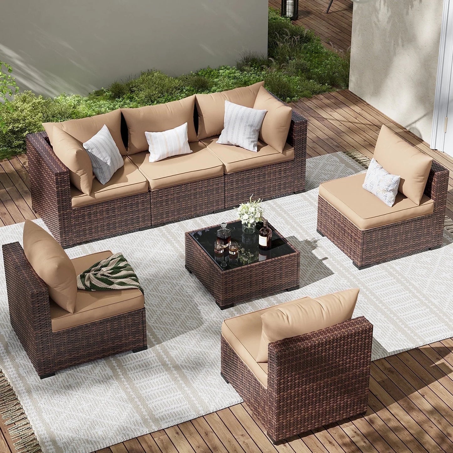Patio Furniture Set, Outdoor Patio Furniture Wicker Furniture Couch Set, 7-Pieces Outdoor Sectional Sofa, Patio Furniture Set, Outdoor Patio Set for Home Furniture (Khaki)