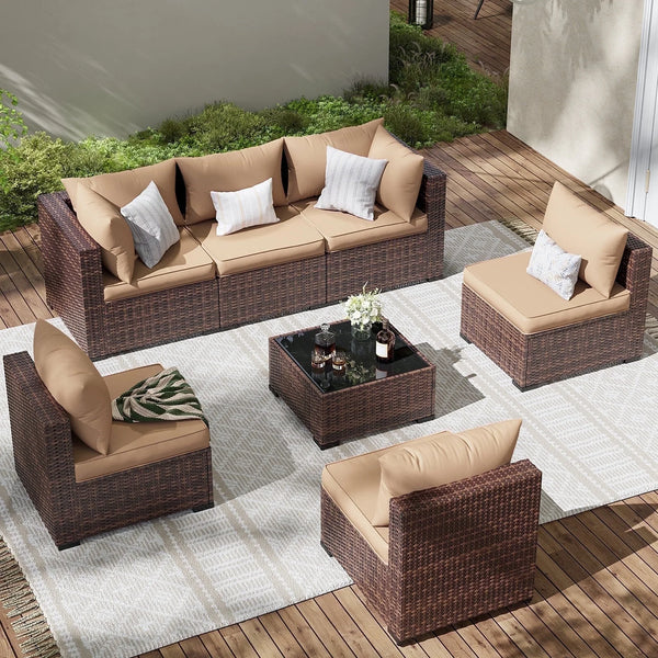 Patio Furniture Set, Outdoor Patio Furniture Wicker Furniture Couch Set, 7-Pieces Outdoor Sectional Sofa, Patio Furniture Set, Outdoor Patio Set for Home Furniture (Khaki)