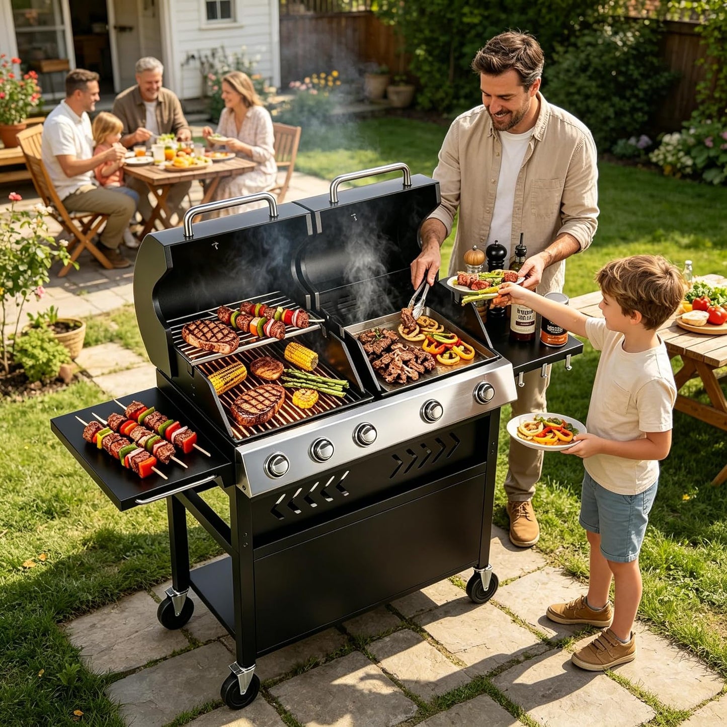 Grills 5 Burner Propane Gas Grill & Griddle Combo 40,000 BTU Stainless Steel Outdoor Patio Barbecue Grill Propane Gas with Removable Cart Portable Griddle for Outdoor Cooking, BBQ, Camping, Backyard