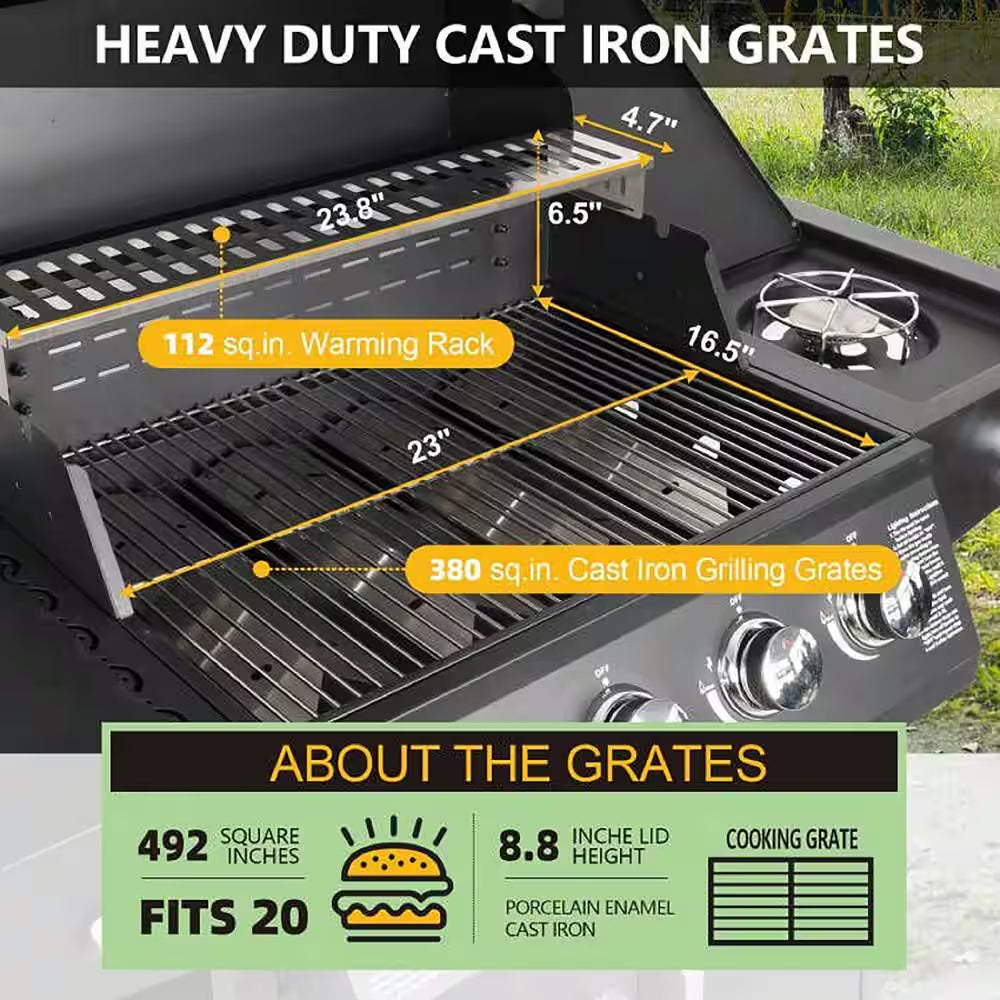 Portable Propane Gas Grill 4 Burners with Side Burner Freestanding Grill Cart and Wheels, Black