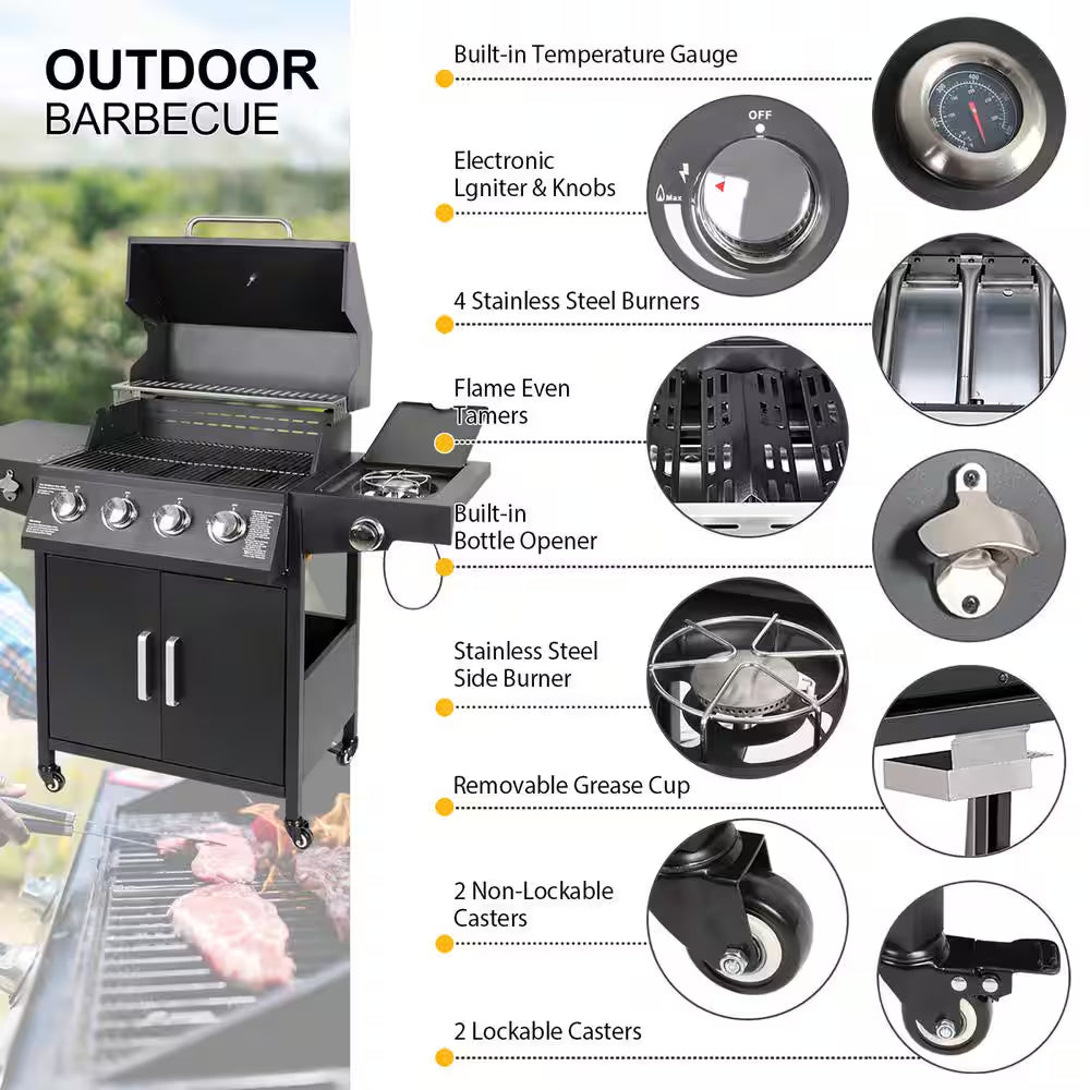 Portable Propane Gas Grill 4 Burners with Side Burner Freestanding Grill Cart and Wheels, Black