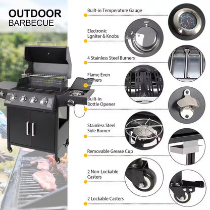 Portable Propane Gas Grill 4 Burners with Side Burner Freestanding Grill Cart and Wheels, Black