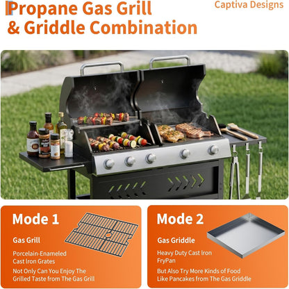 Grills 5 Burner Propane Gas Grill & Griddle Combo 40,000 BTU Stainless Steel Outdoor Patio Barbecue Grill Propane Gas with Removable Cart Portable Griddle for Outdoor Cooking, BBQ, Camping, Backyard