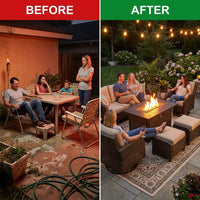 9-Piece Outdoor Patio Furniture Set with Fire Pit Table,Swivel Chairs and 6" Thick Cushions,Sectional Sofa and Ottomans,Patio Conversation Set for Porch Deck Garden Backyard — Before & After