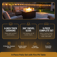 9-Piece Outdoor Patio Furniture Set with Fire Pit Table,Swivel Chairs and 6" Thick Cushions,Sectional Sofa and Ottomans,Patio Conversation Set for Porch Deck Garden Backyard — Results & Stats