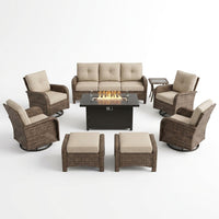 9-Piece Outdoor Patio Furniture Set with Fire Pit Table,Swivel Chairs and 6" Thick Cushions,Sectional Sofa and Ottomans,Patio Conversation Set for Porch Deck Garden Backyard — Studio Shot