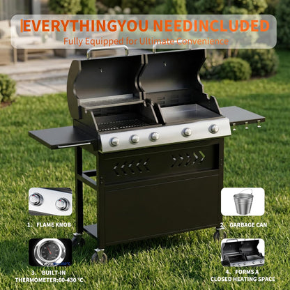 Grills 5 Burner Propane Gas Grill & Griddle Combo 40,000 BTU Stainless Steel Outdoor Patio Barbecue Grill Propane Gas with Removable Cart Portable Griddle for Outdoor Cooking, BBQ, Camping, Backyard