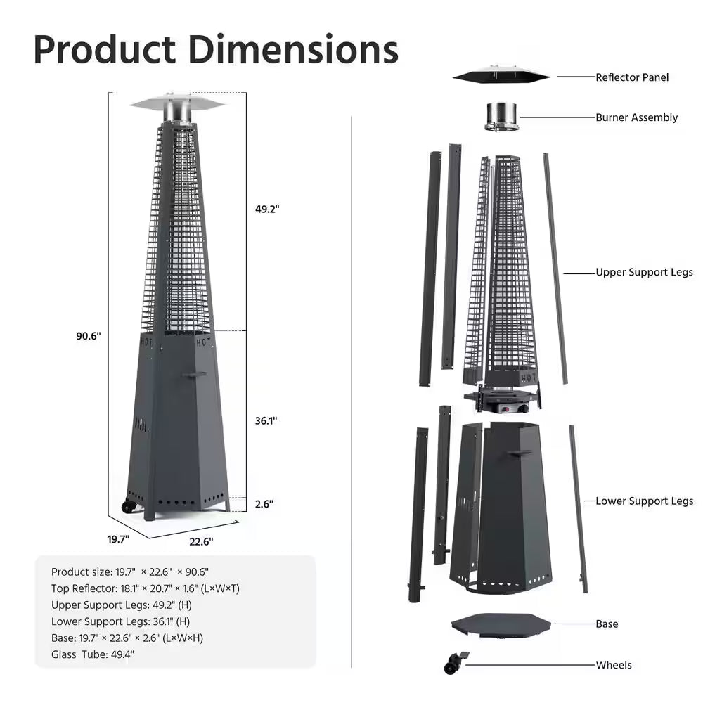 48,000 BTU Stainless Steel Pyramid Propane Patio Heater with Wheels and Cover