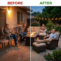 Outdoor Patio Furniture Set Built for All-Season Entertaining, Fire Pit Table, Swivel Chairs, 6-Inch Cushions — Before & After