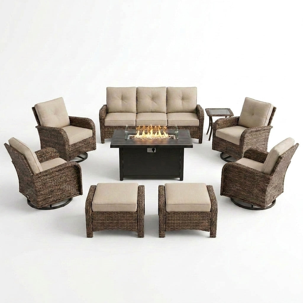 Outdoor Patio Furniture Set Built for All-Season Entertaining, Fire Pit Table, Swivel Chairs, 6-Inch Cushions — Studio Shot