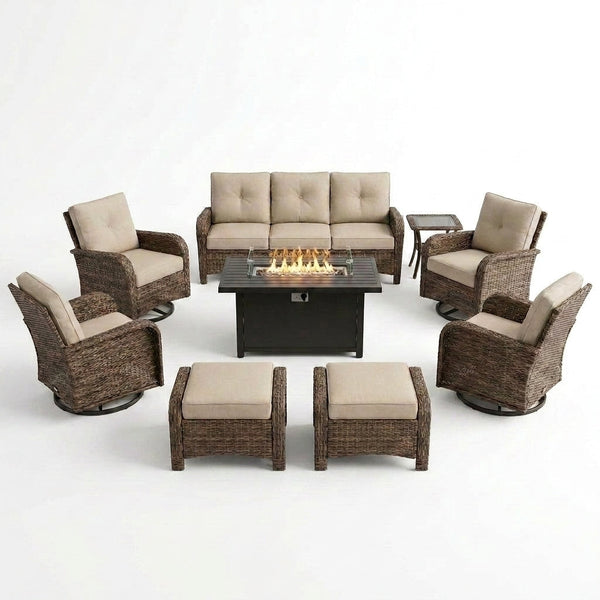Outdoor Patio Furniture Set Built for All-Season Entertaining, Fire Pit Table, Swivel Chairs, 6-Inch Cushions — Studio Shot