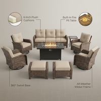 Outdoor Patio Furniture Set Built for All-Season Entertaining, Fire Pit Table, Swivel Chairs, 6-Inch Cushions — infographic