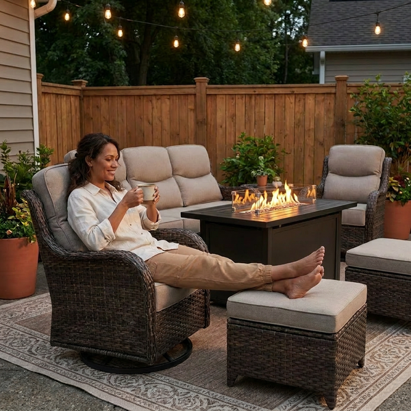 Outdoor Patio Furniture Set Built for All-Season Entertaining, Fire Pit Table, Swivel Chairs, 6-Inch Cushions