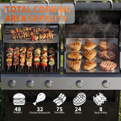 Grills 5 Burner Propane Gas Grill & Griddle Combo 40,000 BTU Stainless Steel Outdoor Patio Barbecue Grill Propane Gas with Removable Cart Portable Griddle for Outdoor Cooking, BBQ, Camping, Backyard