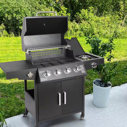 Portable Propane Gas Grill 4 Burners with Side Burner Freestanding Grill Cart and Wheels, Black