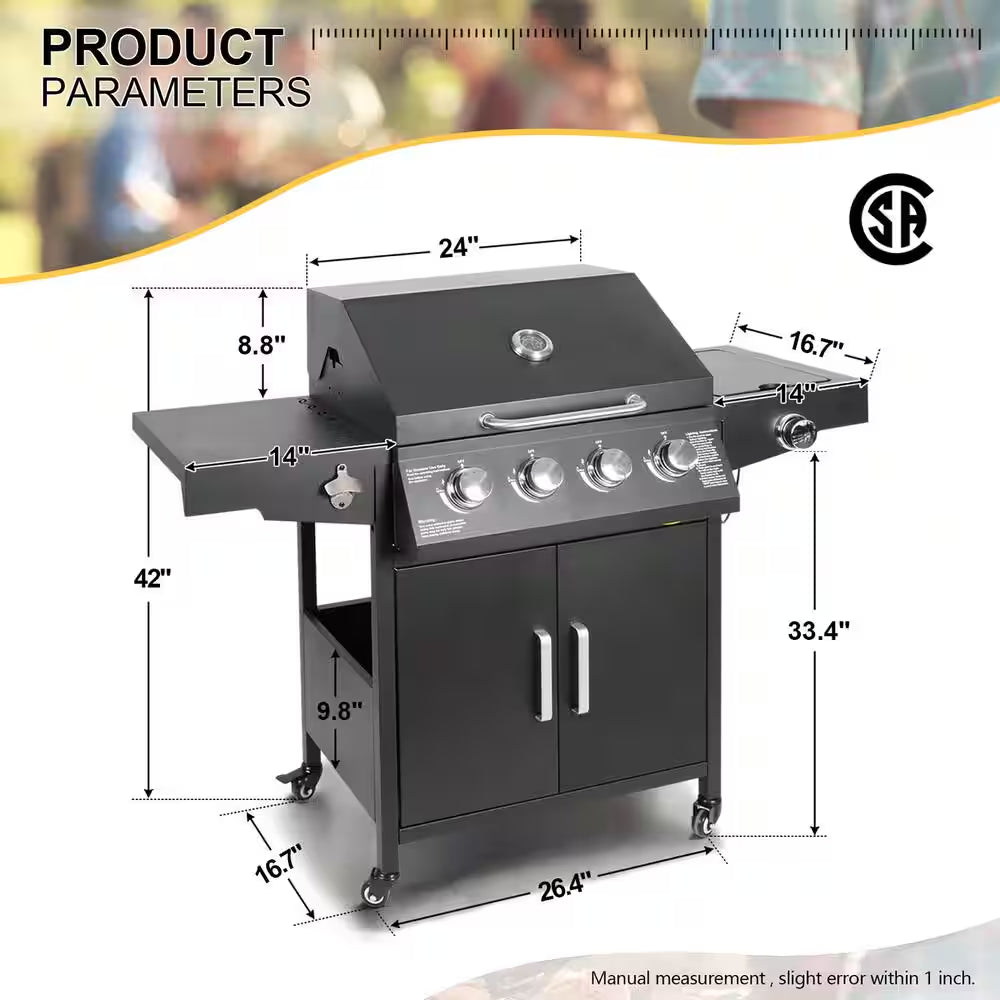 Portable Propane Gas Grill 4 Burners with Side Burner Freestanding Grill Cart and Wheels, Black