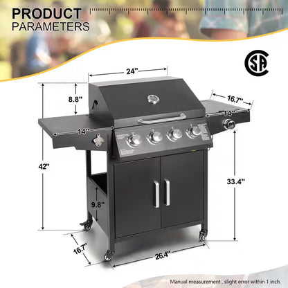 Portable Propane Gas Grill 4 Burners with Side Burner Freestanding Grill Cart and Wheels, Black