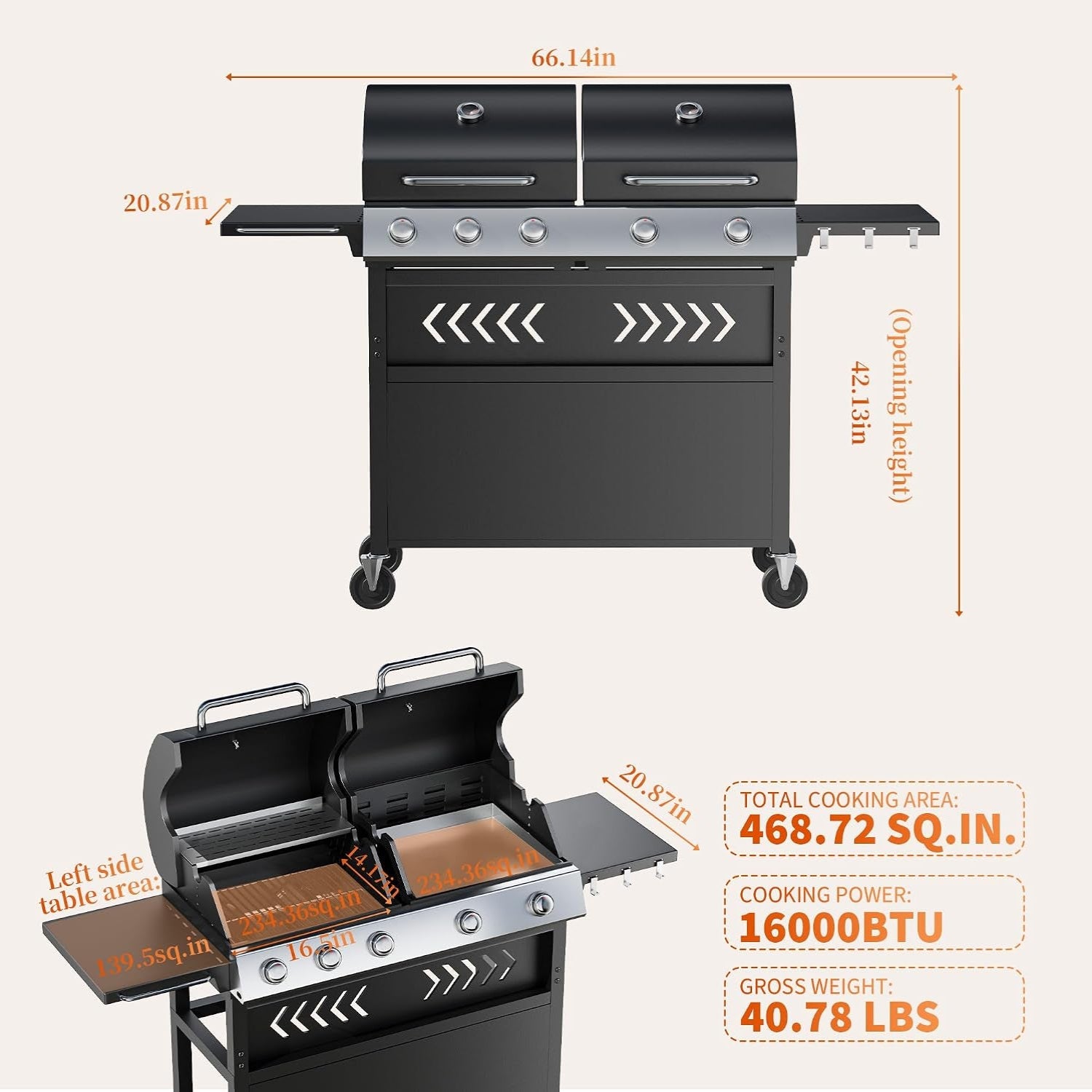 Grills 5 Burner Propane Gas Grill & Griddle Combo 40,000 BTU Stainless Steel Outdoor Patio Barbecue Grill Propane Gas with Removable Cart Portable Griddle for Outdoor Cooking, BBQ, Camping, Backyard