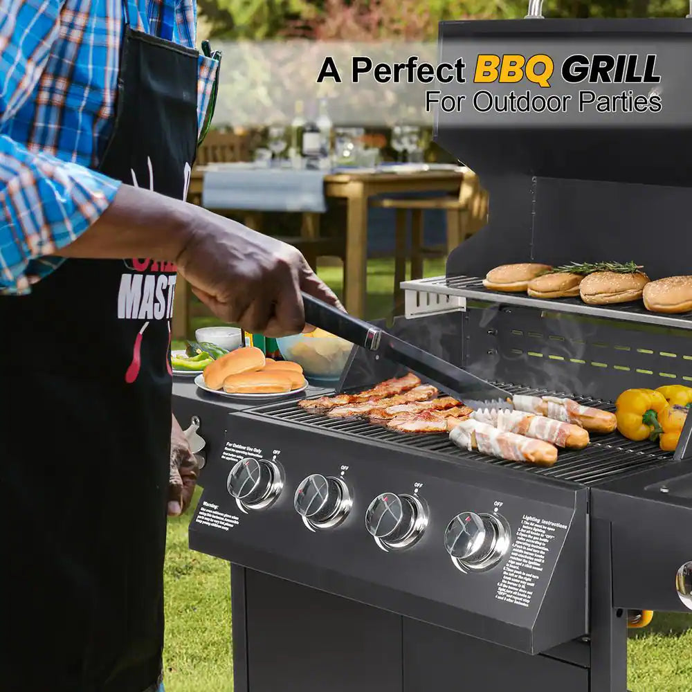 Portable Propane Gas Grill 4 Burners with Side Burner Freestanding Grill Cart and Wheels, Black